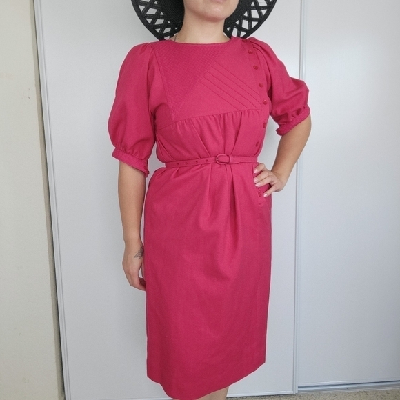 VINTAGE Leslie Fay Union Made Fuchsia Puff Sleeve Belted Dress 1970s Lady - Picture 1 of 17